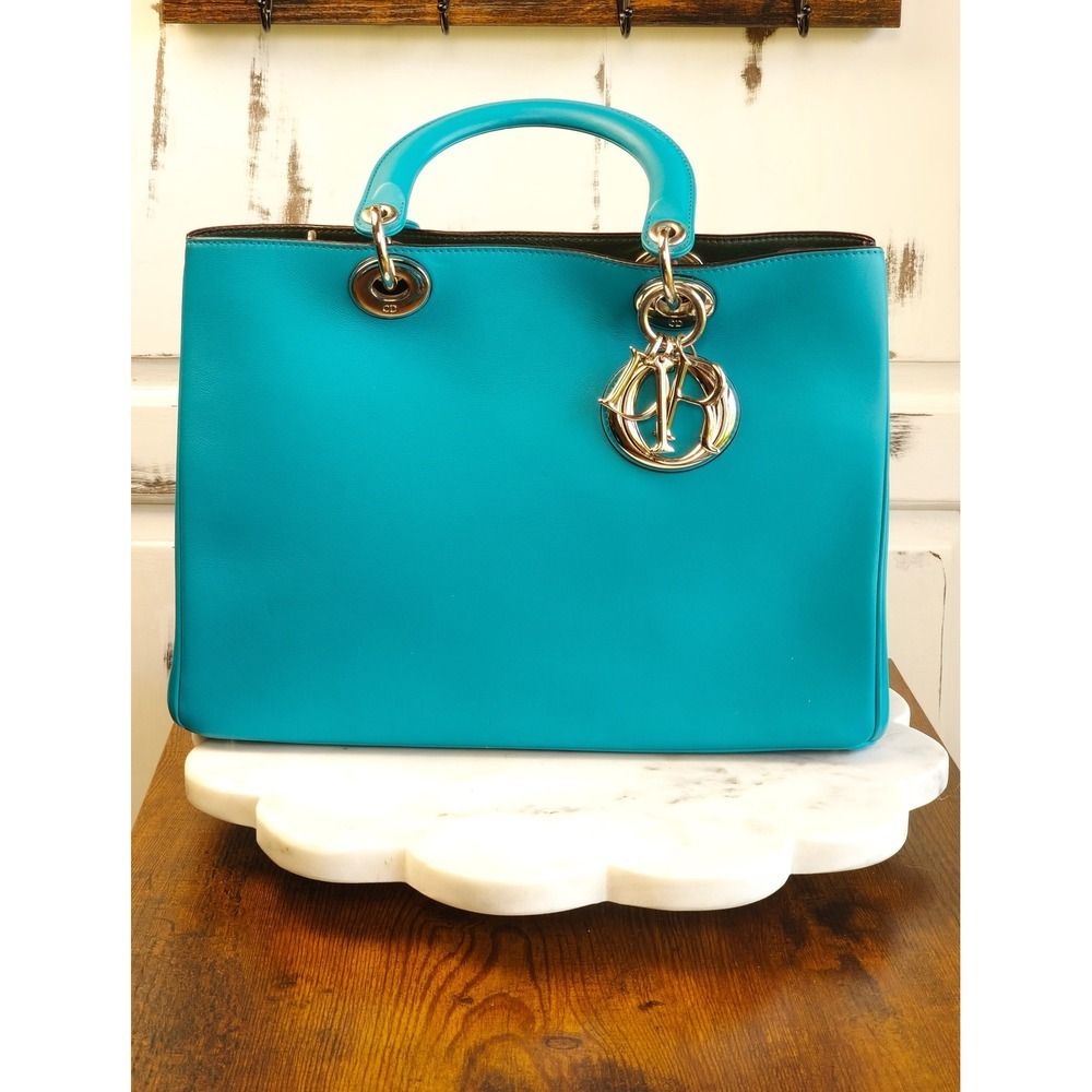 Christian‎ Dior Diorissimo Turquoise Leather Tote Bag Silver Hardware with Pouch